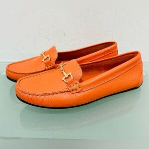 NWT SAKS FIFTH AVENUE Orange Leather Moc Toe Driving Bit Loafers, Women’s 5,5B